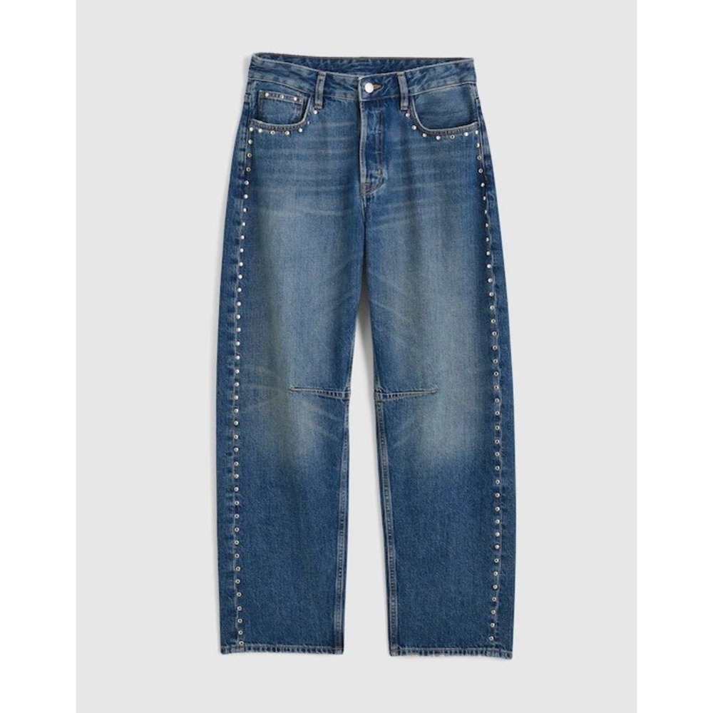 Wide Leg Studded Denim Jeans - Blue